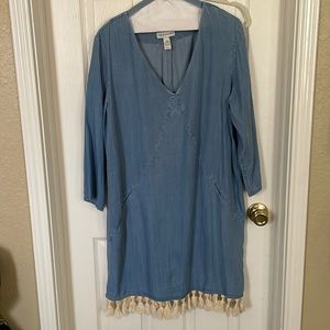 Neiman Marcus denim shift dress with fringe.